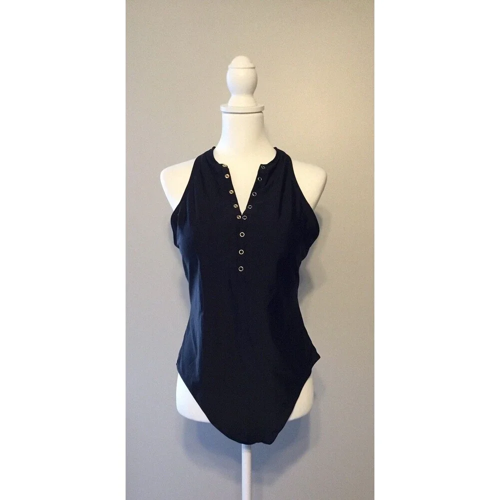 Old Navy Black Ribbed Halter One-Piece Swimsuit with Grommet Placket